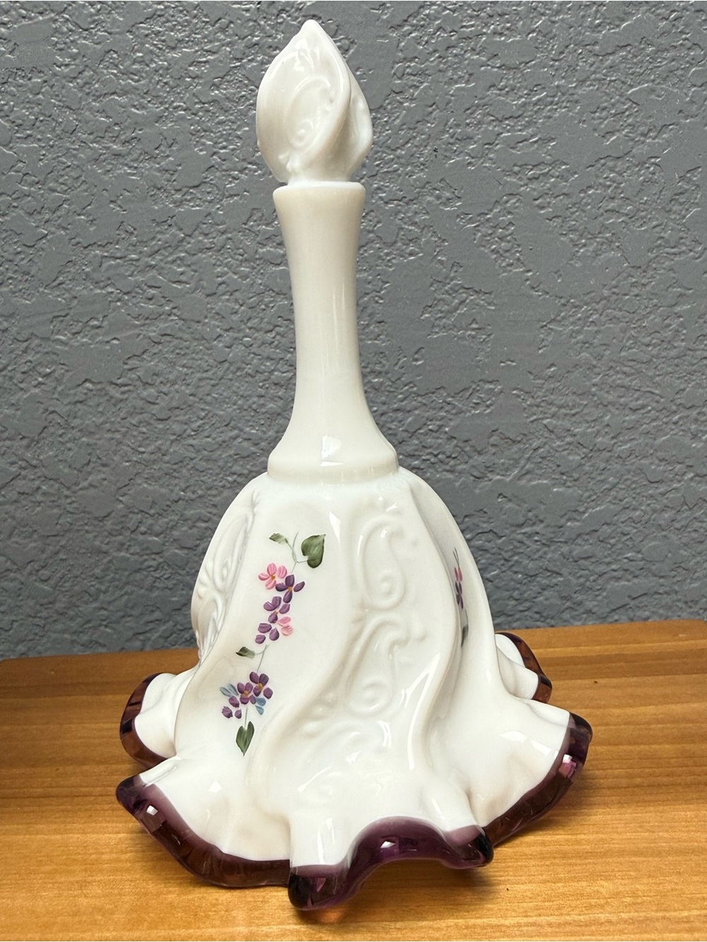 Fenton White Milk Glass Bell Purple-Trim Floral Accents - Picture 3 of 9